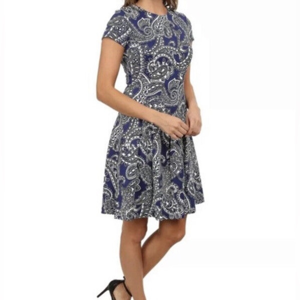 [Michael Kors] A-line blue/white/black paisley dress